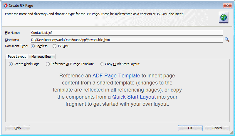 Create JSF Page dialog