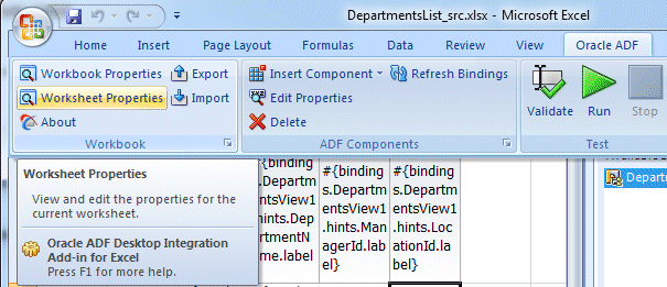 Oracle ADF tab in the Excel ribbon