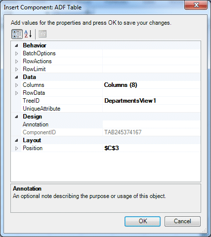 Insert Component: ADF Table dialog