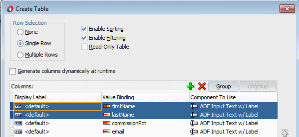 Edit Table Columns dialog