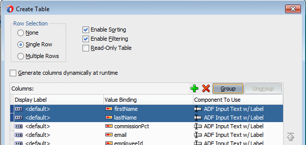 Edit Table Columns dialog