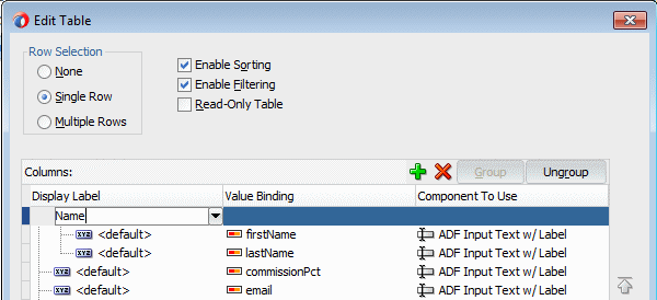 Edit Table Columns dialog