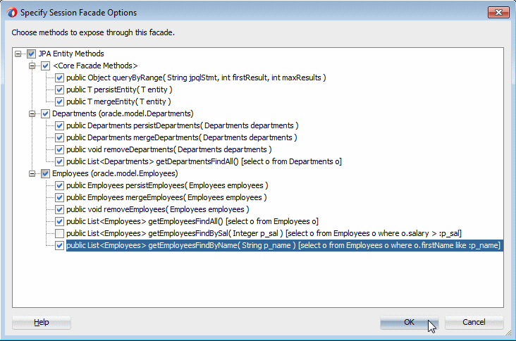 Specify Session Facade Options dialog