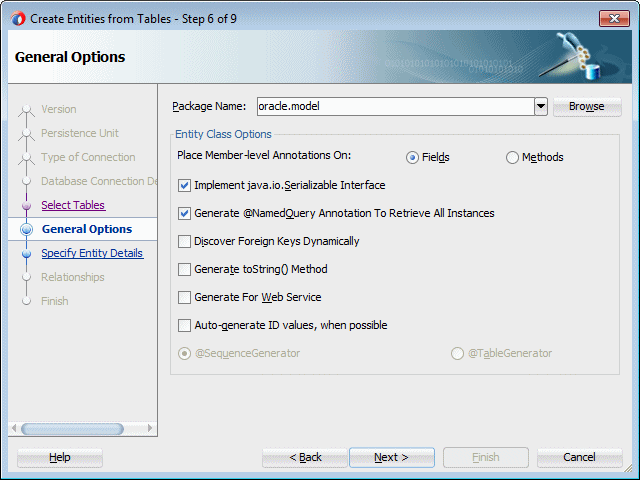 Step 6 of the Create Entities from Tables