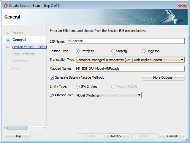 This is Step 2 of the Create Session Bean wizard.