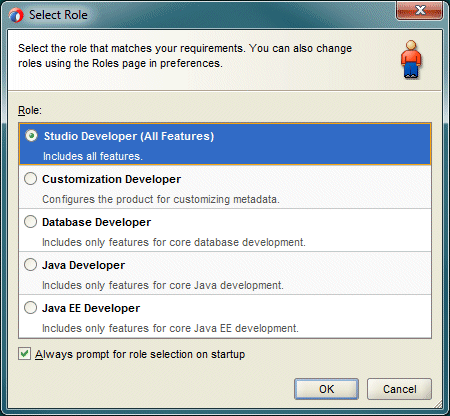 JDeveloper Select Role dialog.