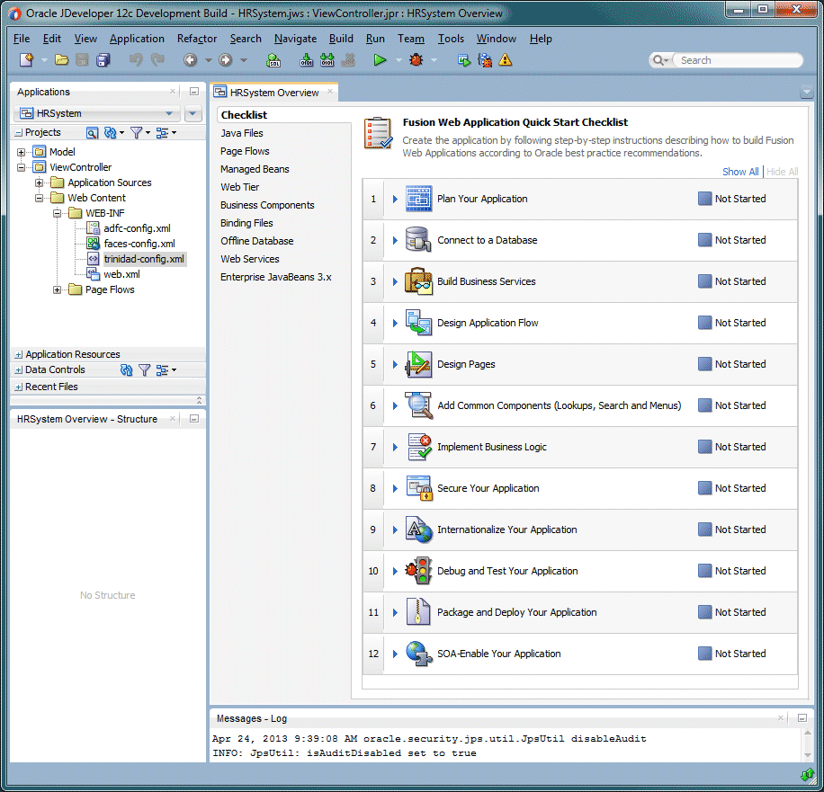 Application Navigator showing the new application and its two projects. Also Fusion Web app checklist is also displayed to the right of the App Navigator.
