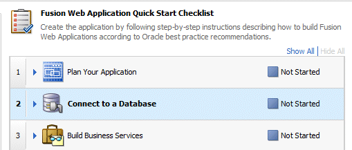 Checklist with the second task - Connect to a Database - selected.