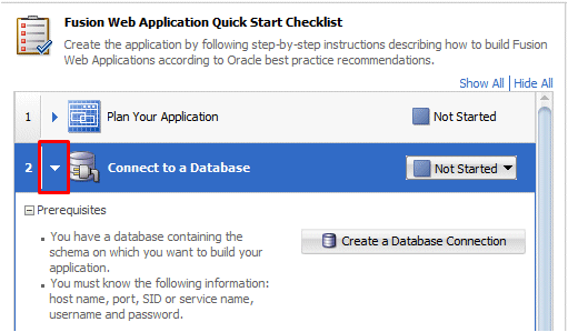 Checklist with cursor over arrow to shrink the expanded Database step.