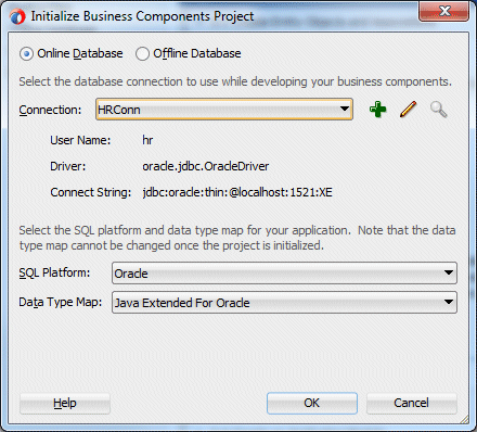 Initialize Business Components Project dialog dialog with HRConn in the Connection field.