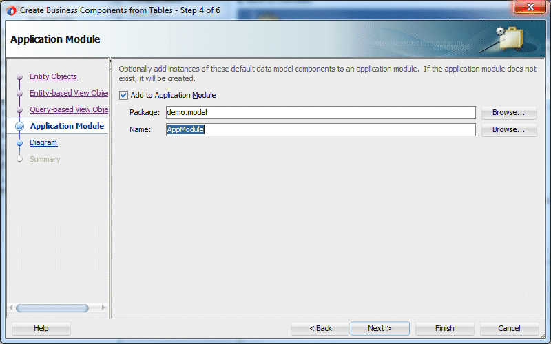 Step 4 of wizard with Add to Application Module check box checked.