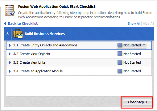 Checklist with cursor over Close Step 3 button.