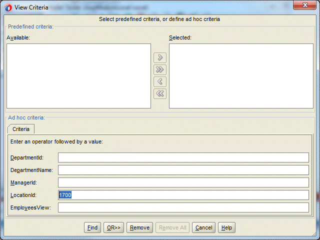 Business Component View Criteria dialog showing 1700 in LocationId field.