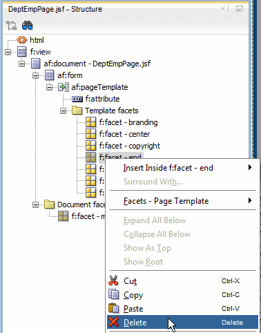 DeptEmpPage with cursor positioned in the right-hand area and right-mouse menu showing Delete option selected.