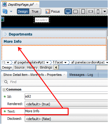 Design Editor with new showDetailItem selected and PI with Text property set to More Info.