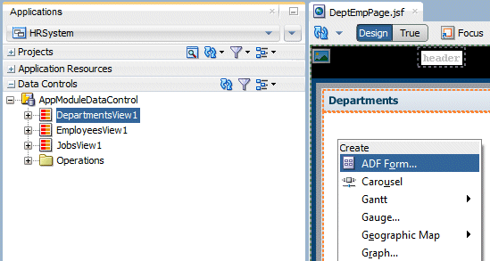 App Navigator with DepartmentsView1 selected in Data Controls accordion and being dragged onto Departmenst in Design Editor to be created as an ADF Read-only Form.