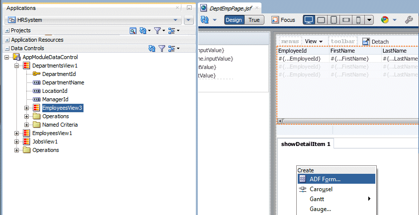 Data Controls accordion with EmployeesView3 selected and being dragged onto the panel tabbed component as an ADF Form.