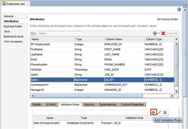 Employees.xml file open with Attributes page displayed. Salary field selected and in Validation Rules tab cursor points to Add icon.