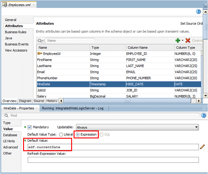 Employees.xml file with HireDate selected in Attributes tab. In PI Default Date field shows adf:currentDate highlighted in field.