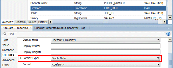 As last image but in PI the UI Hints properties node is expanded with Simple Date highlighted in Format Type property.