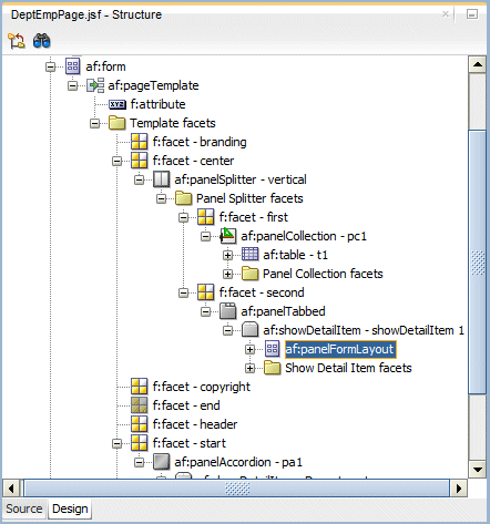 Structure window with af:panelFormLayout selected.