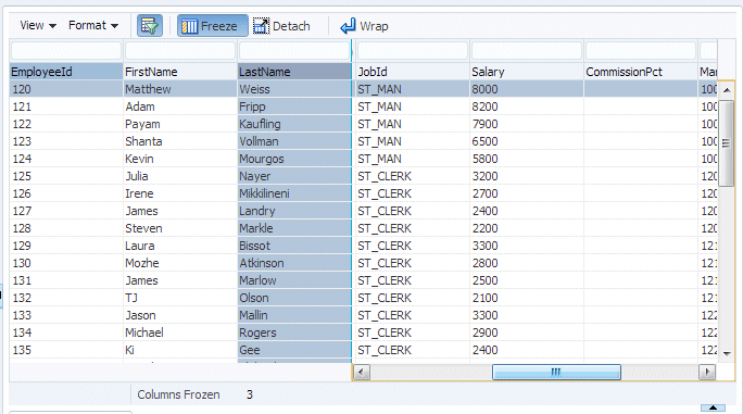 Run time view of Departments table with Freeze button clicked. Scroll bar displays at bottom of table to allow the user to scroll across to columns at right end of table and currently out of view.