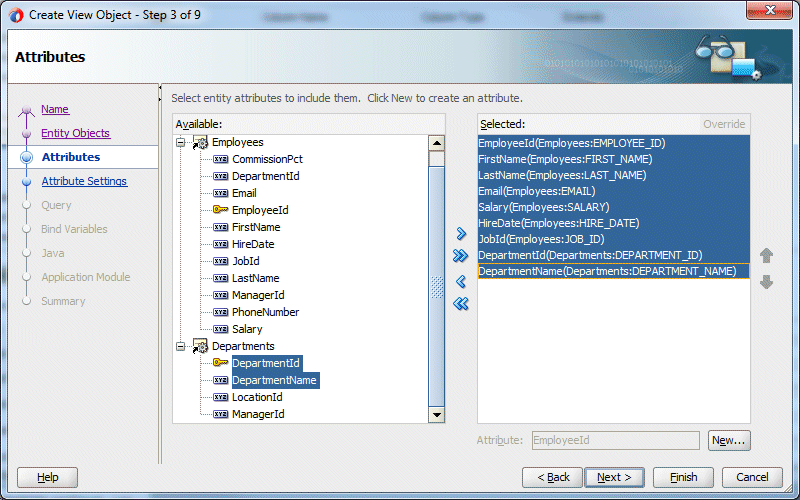 Attributes page showing listed attributes in Selected pane.