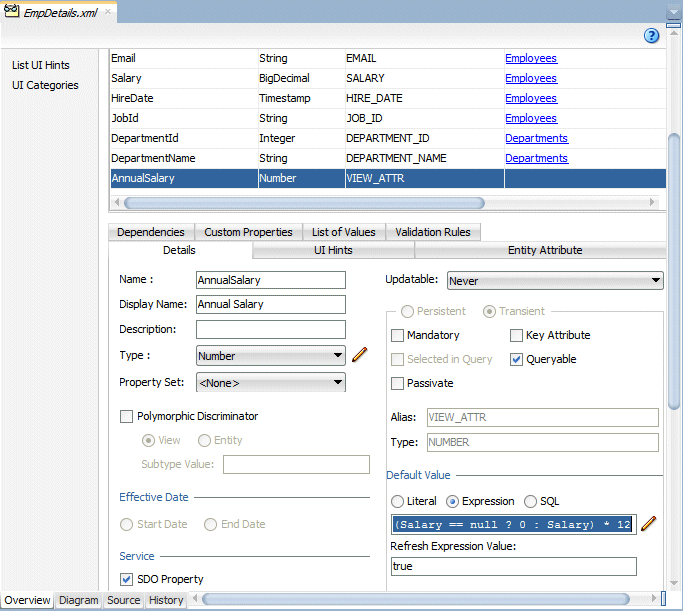 Properties for the new attribute.