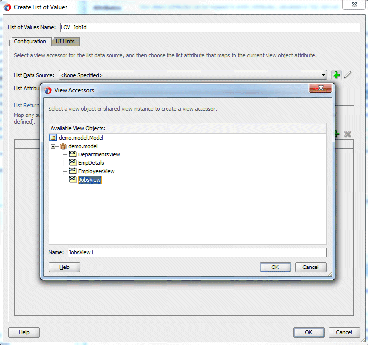 Create List of Values dialog with View Accessors popup. JobsView is selected in Available View Objects pane and cursor points to arrow ready to shuttle it into View Accessors pane.