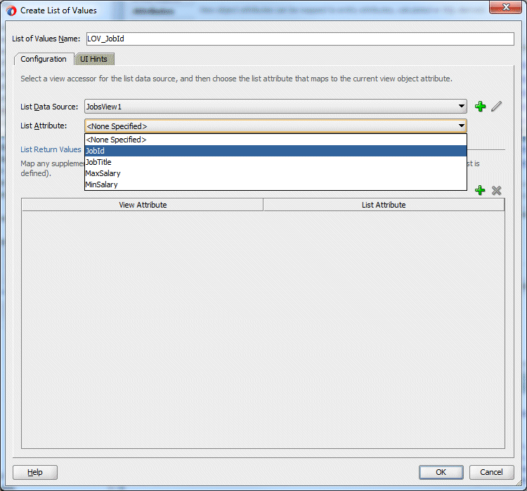 Create List of Values dialog with drop down list for List Attribute with cursor over JobId to select it.