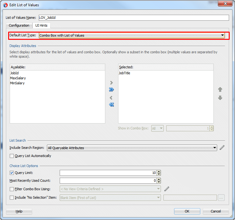 Create List of Values dialog as before, but in UI Hints tab. JobTitle is selected in Available pane with cursor over the arrow ready to shuttle it into the Selected pane.