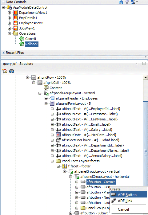 Data Controls accordion with Rollback operation selected; below it the Structure window with cursor pointing above the First command button