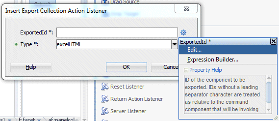 Insert Export Collection Action Listener dialog with drop down menu and Edit option selected.