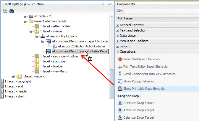 Structure window and Comp Palette side by side with Show Printable Page Behavior operation being dragged onto the Printable Page menu item.