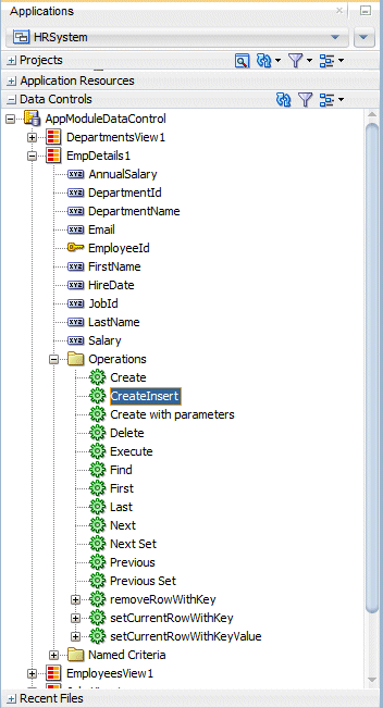 Data Controls accordion with EmpDetails1 node expanded and Operations node expanded. CreateInsert Operation is selected