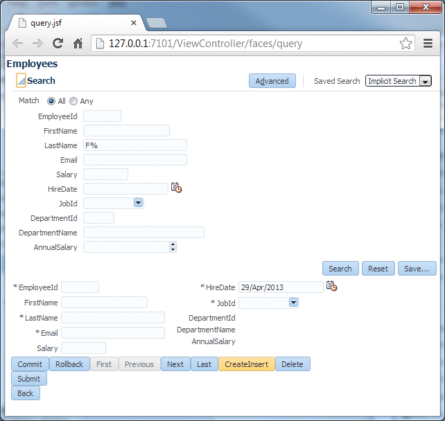 Run time view of Query page with F% in LastName field as before. Cursor over CreateInsert button and Pat fay record has been refreshed to show empty fields allowing for new record to be inserted.