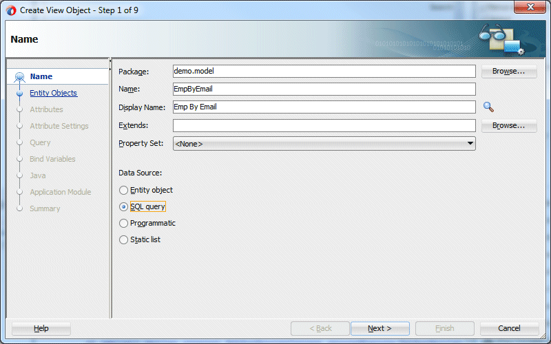 CreateView Object wizard Step 1. EmpByEmail hightlighted in Name field. Cursor on Next button.