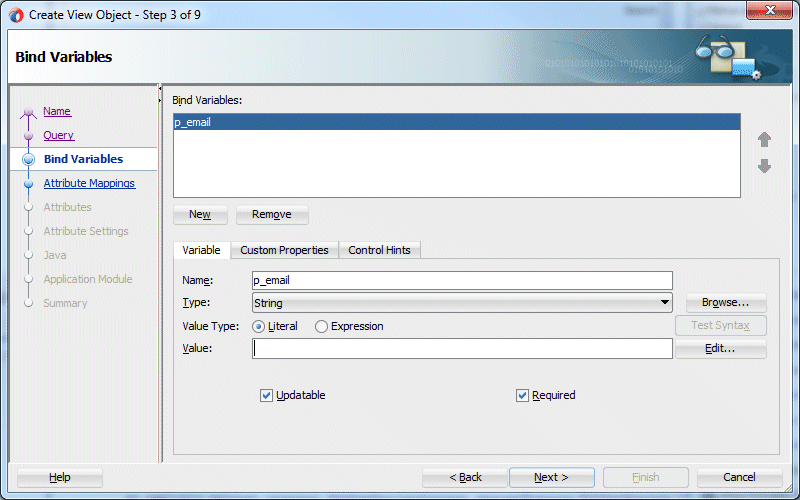 Step 3 of the wizard with p_email bind variable highlighted in the Variable Name box. Literal radio button is selected and Updatable checkbox checked.