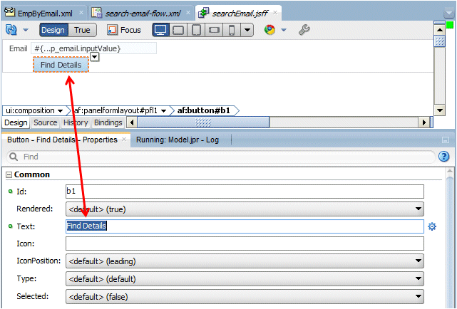 searchEmail.jsff open in design Editor with ExecuteWithParams button selected. PI shows properties with Text property set to Find Details.