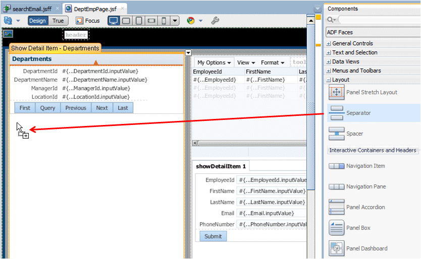 Component Palette with Separator selected and cursor dropping the component onto the Departments page.