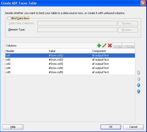 ADF Facesの表の作成に使用する表ウィザード