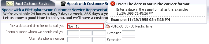 ブラウザに表示された検証エラー