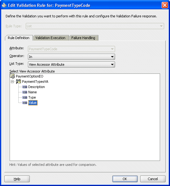 SQL問合せを使用するList Validatorの図