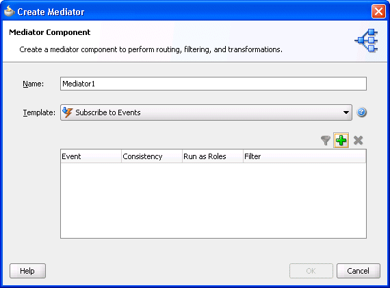 「メディエータの作成」ダイアログの「イベントのサブスクライブ」