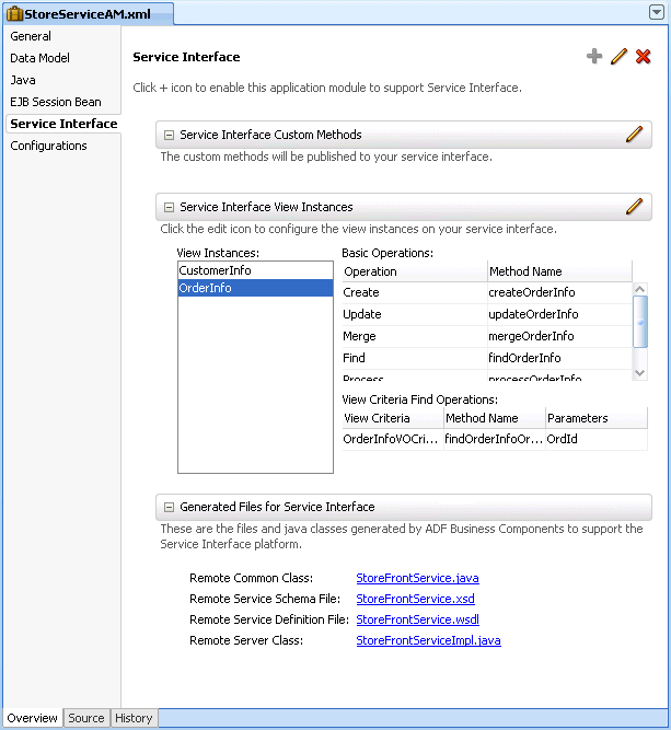 「サービス・インタフェース」ページには選択したオプションが表示される