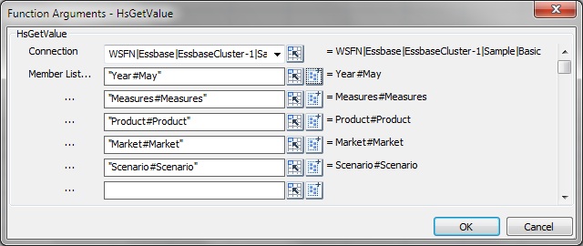 The Function Builder, Function Arguments dialog box for the HsGetValue function, with a Connection field and fields for entering dimensions and members for each function argument.