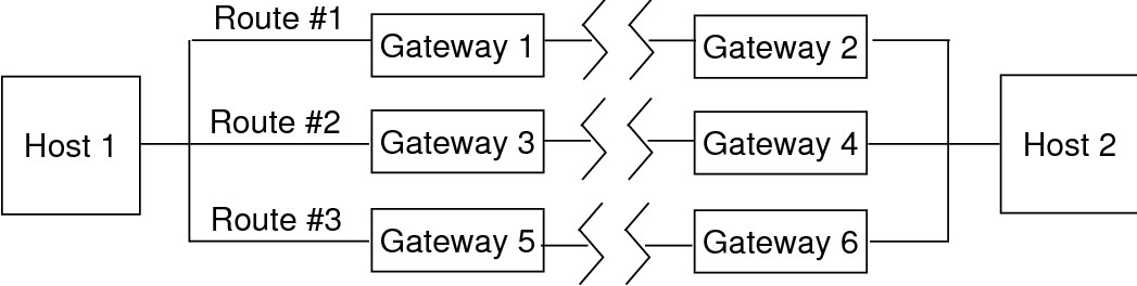 image:Graphic shows three potential routes between Host 1 and Host 2 through six gateways.