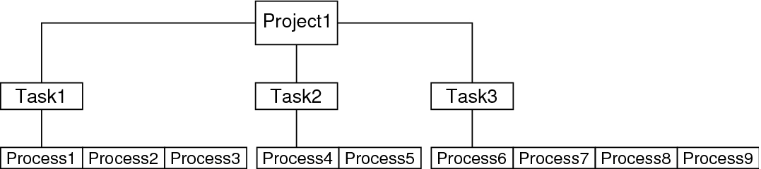 image:Diagram shows one project with three tasks under it, and two to four processes under each task.