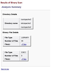 image:This figure shows an example of an Analysis Summary of a binary scan, with directory and file details.