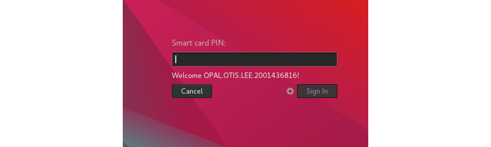 image:Screenshot of smart card PIN prompt and a welcome message.